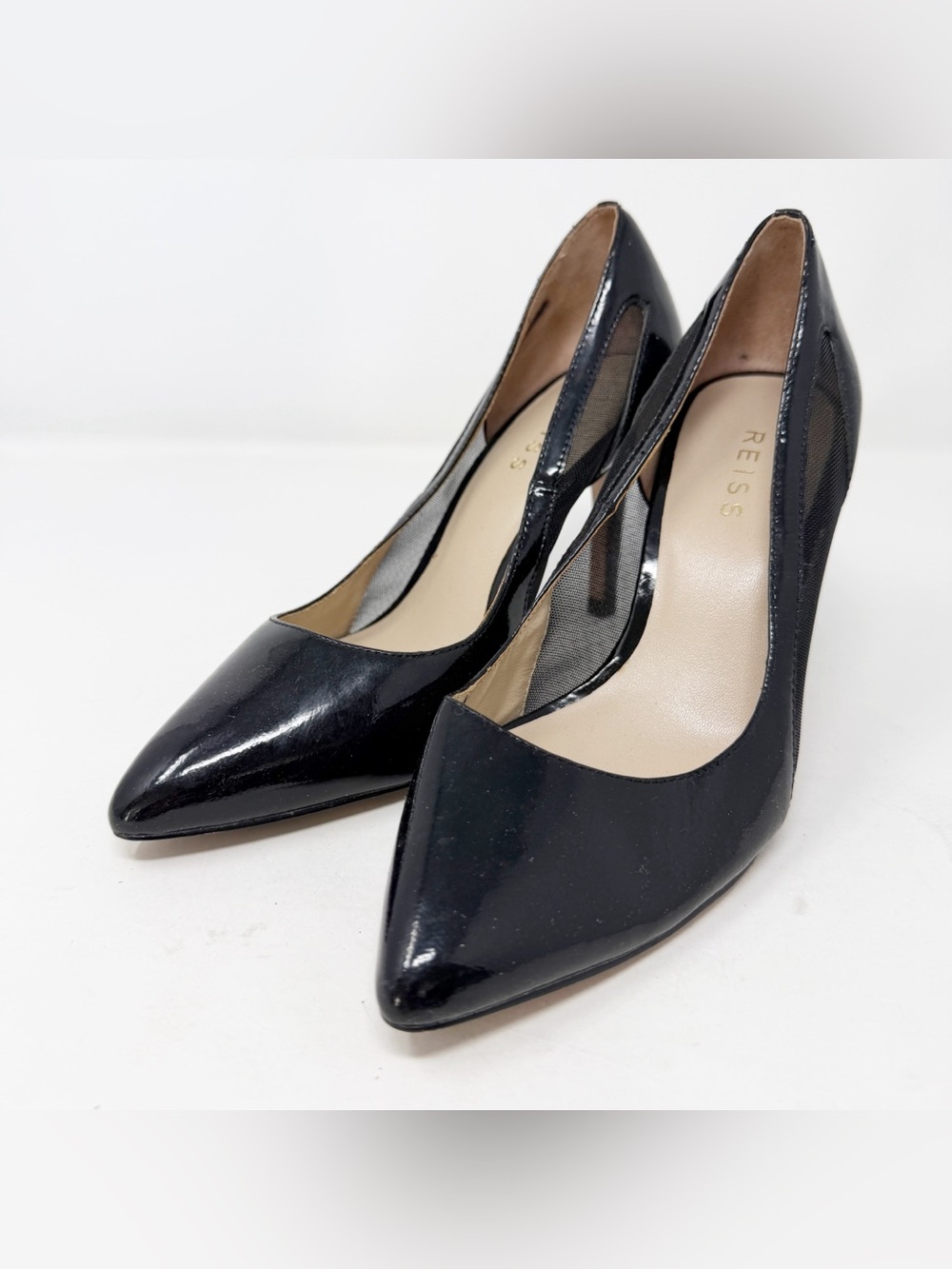 Reiss Black Patent Mesh Panel Pointed Toe Pumps Stiletto Heels EU 36 US 6